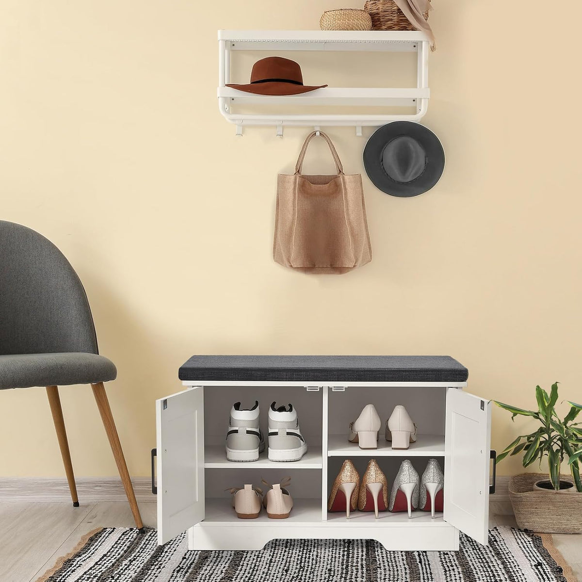 2-Tier Storage Bench, Shoe Bench with Padded Seat Cushion, Entryway Bench with 2 Barn Doors