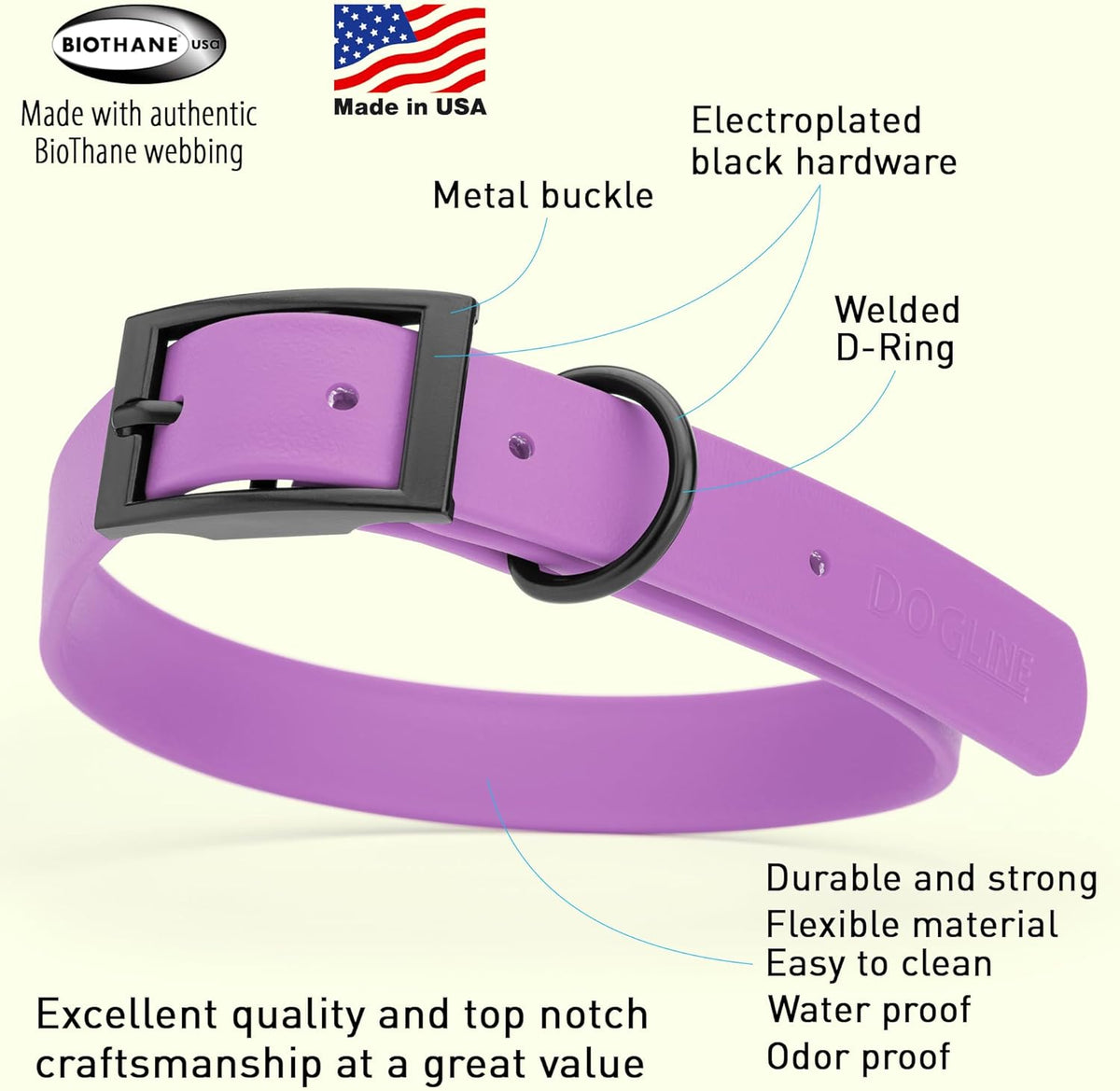Dogline Biothane Waterproof Dog Collar Strong Coated Nylon Webbing with Black Hardware Odor- Proof