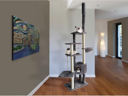 Furhaven 100"-113" Tall Cat Tree for Indoor Cats w/ Adjustable Height, Ft. Sisal Scratching Posts