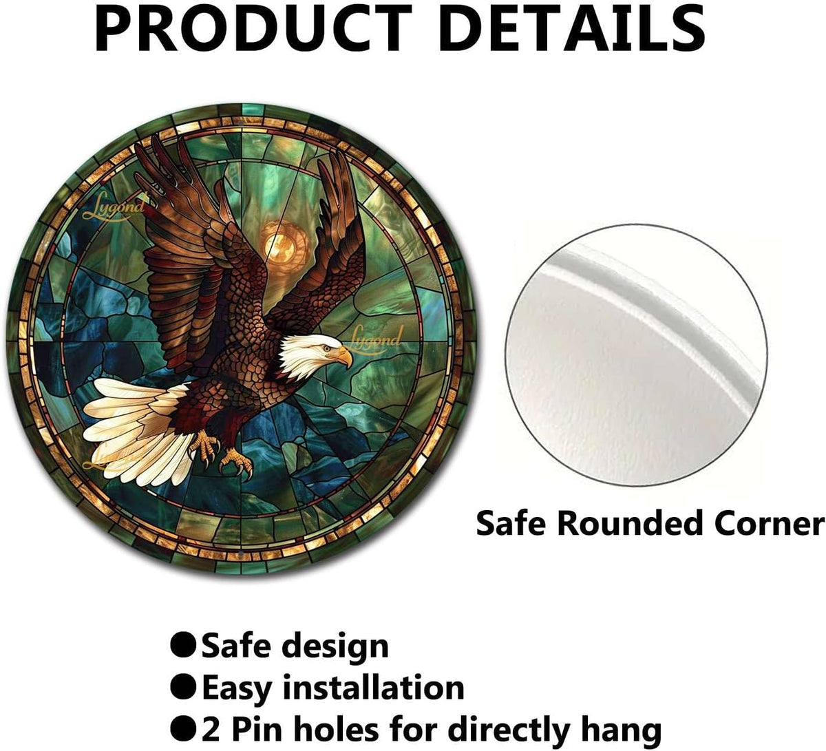 Lygond Metal Sign Tin Sign Circular Stained Glass American Bald Eagle Bathroom Signs for Home for