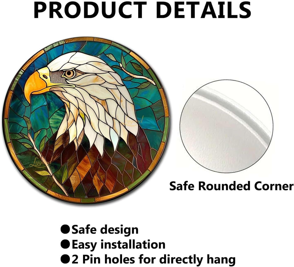 Lygond Metal Sign Tin Sign Circular Stained Glass Bald Eagle Boho Decorations for Home for Bar 8×8