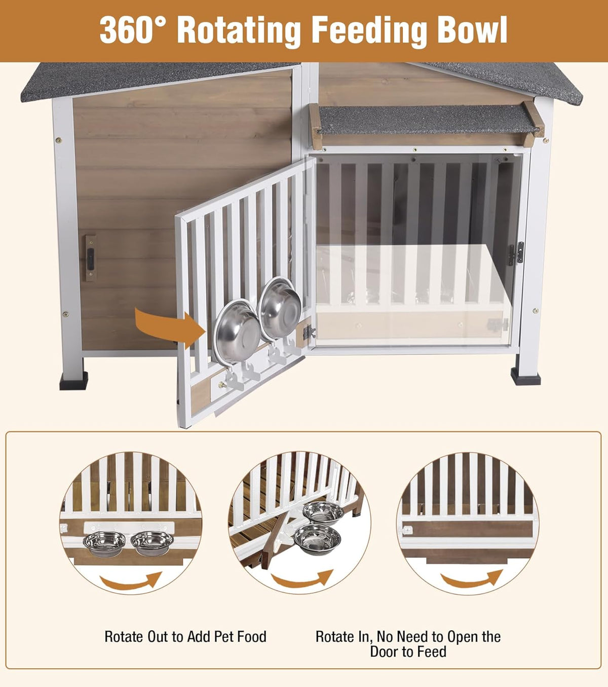 GUTINNEEN Dog House Outdoor with Anti-Chewing Metal Frame, Wooden Dog Kennel with 360° Rotating