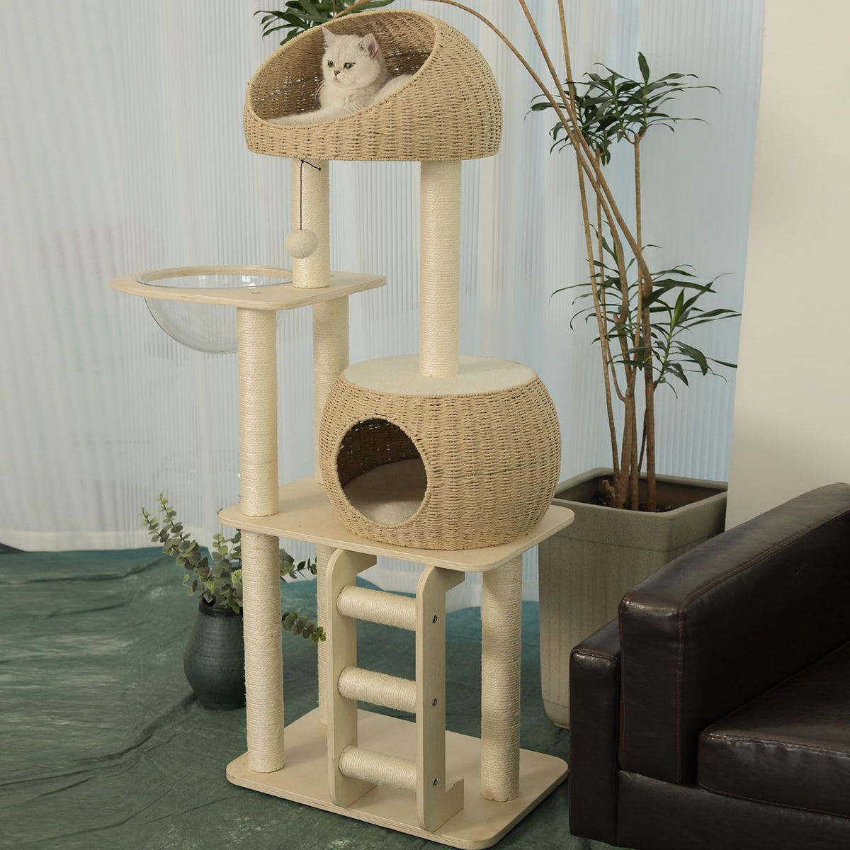 Rattan Cat Tree for Indoor Cats,Tall Cat Tree Tower with Cat Scratching Post,Wood Cat Tower for