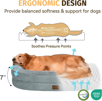 Orthopedic Waterproof Large Dog Bed: Memory Foam Washable Dog Bed with Bolsters - Removable