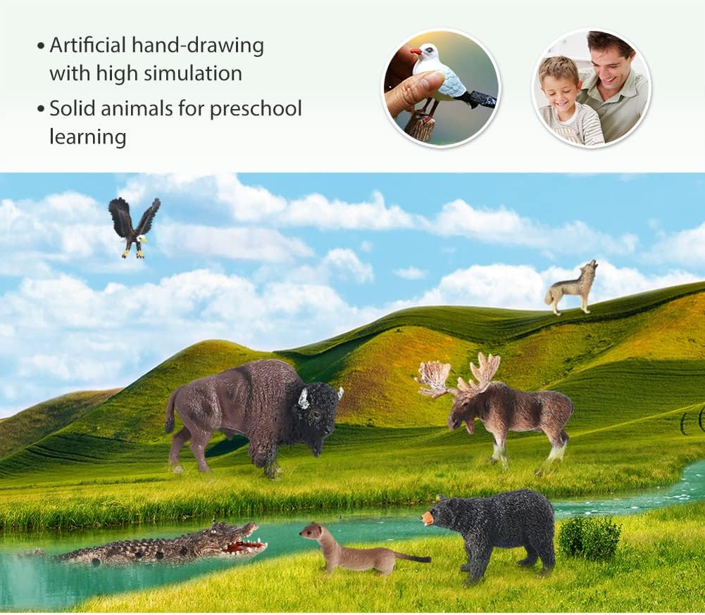 Volnau Safari Animal Figurines Toys 7PCS North America Figures Zoo Pack for Toddlers Kids Christmas