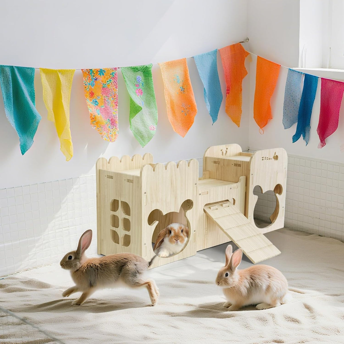 Natural Wooden Rabbit Castle House,Extra Large Hideout for Rabbit Guinea Pig Chinchilla