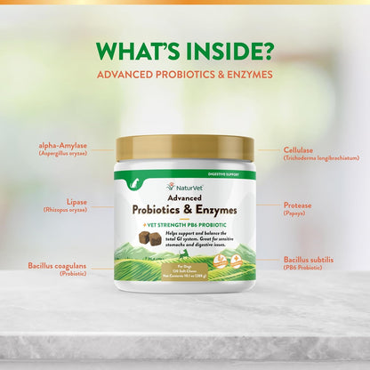 NaturVet Advanced Probiotics & Enzymes, PB6 Dog Soft Chews to Help Sensitive Stomachs and Digestive