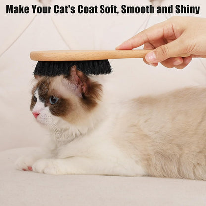 Boar Bristle Cat Brush with Wooden Handle, Soft and Gentle, Reduce Shedding, Make Coat Soft, Smooth