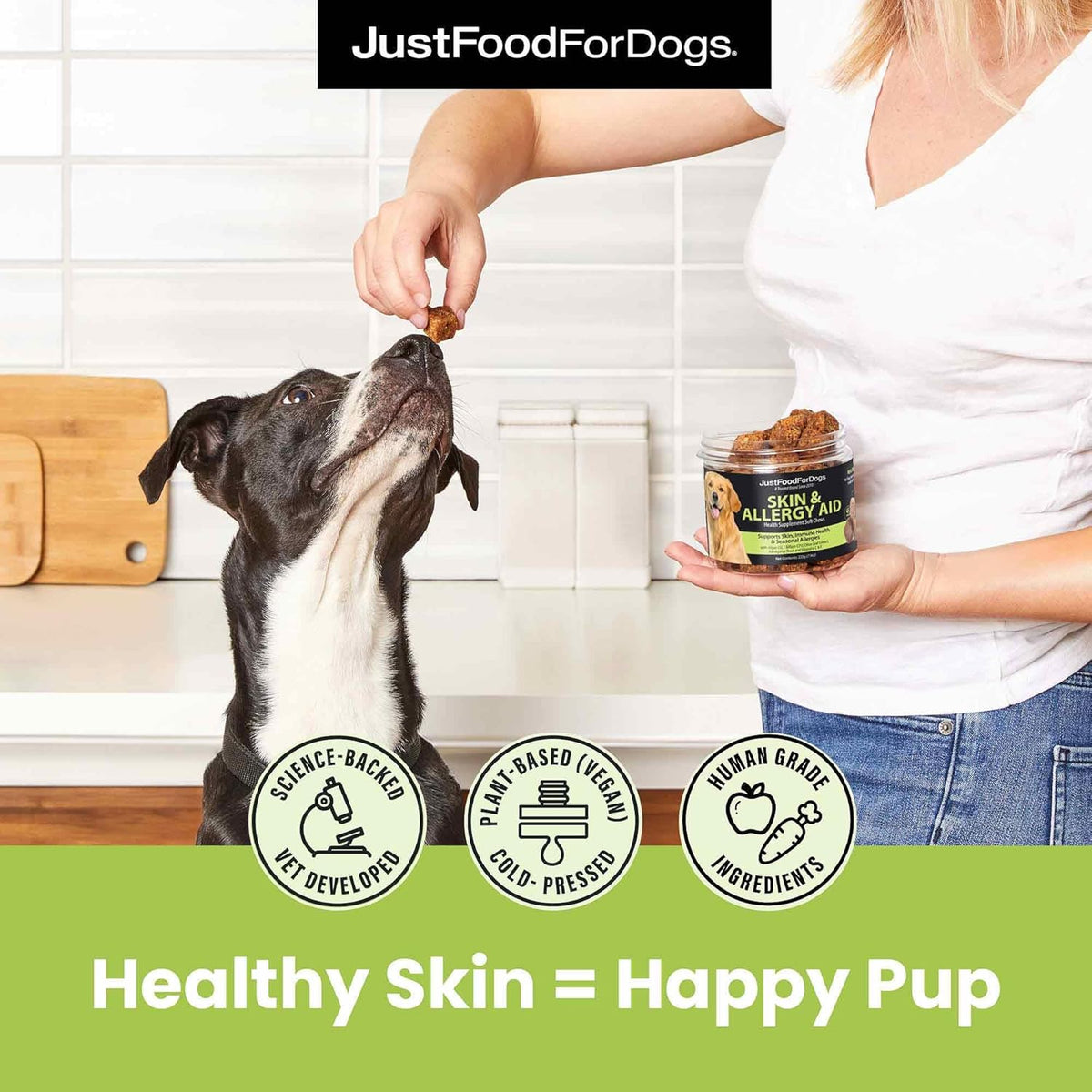 JustFoodForDogs Skin & Allergy Care Soft Chews Supplement for Dogs, Seasonal Allergies, Itchy Skin