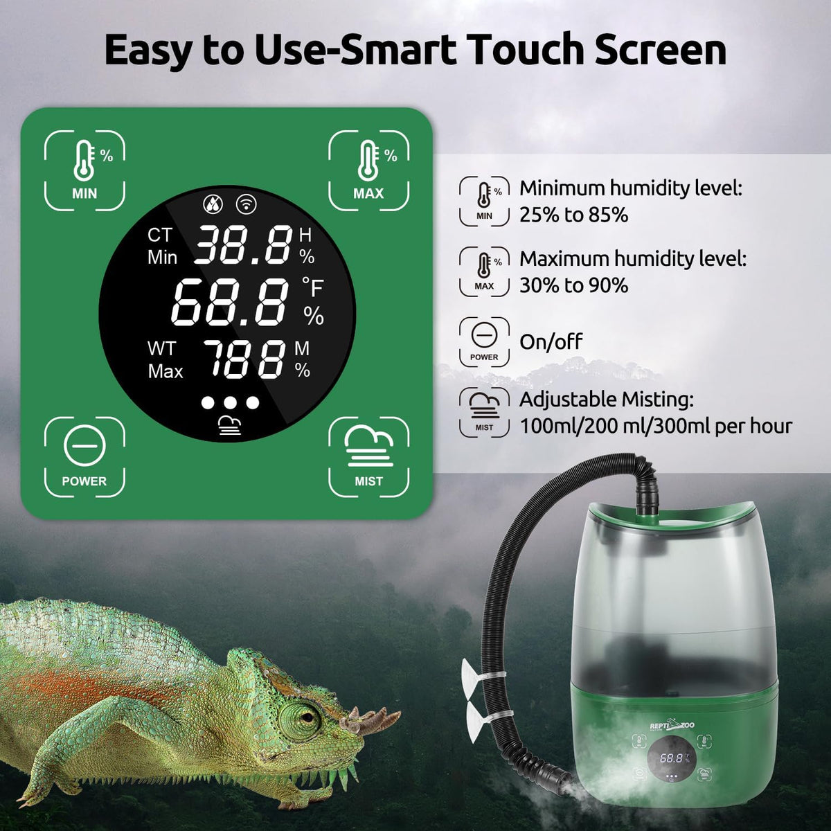REPTIZOO Reptile Humidifier Fogger, 4L Large Reptile Fogger with Humidity Control, Terrarium