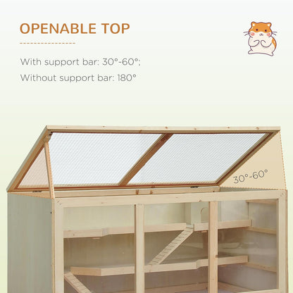 PawHut 45" Extra Large Wooden Hamster Cage, 3-Layer Chewproof Rat Cage with Opening Roof, Hut