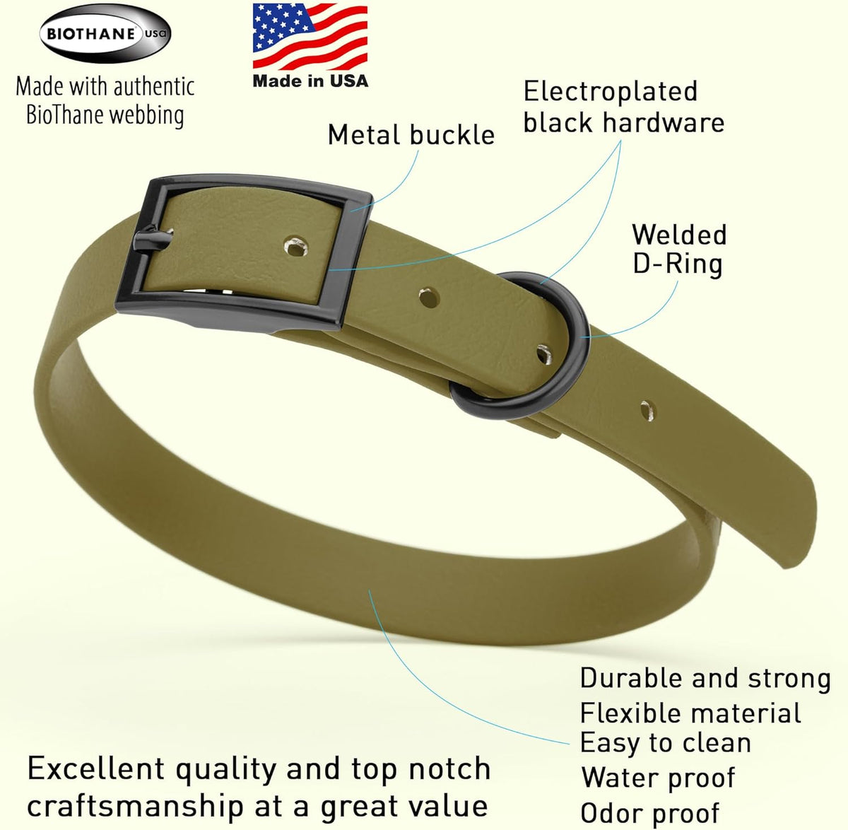 Dogline Biothane Waterproof Dog Collar Strong Coated Nylon Webbing with Black Hardware Odor- Proof