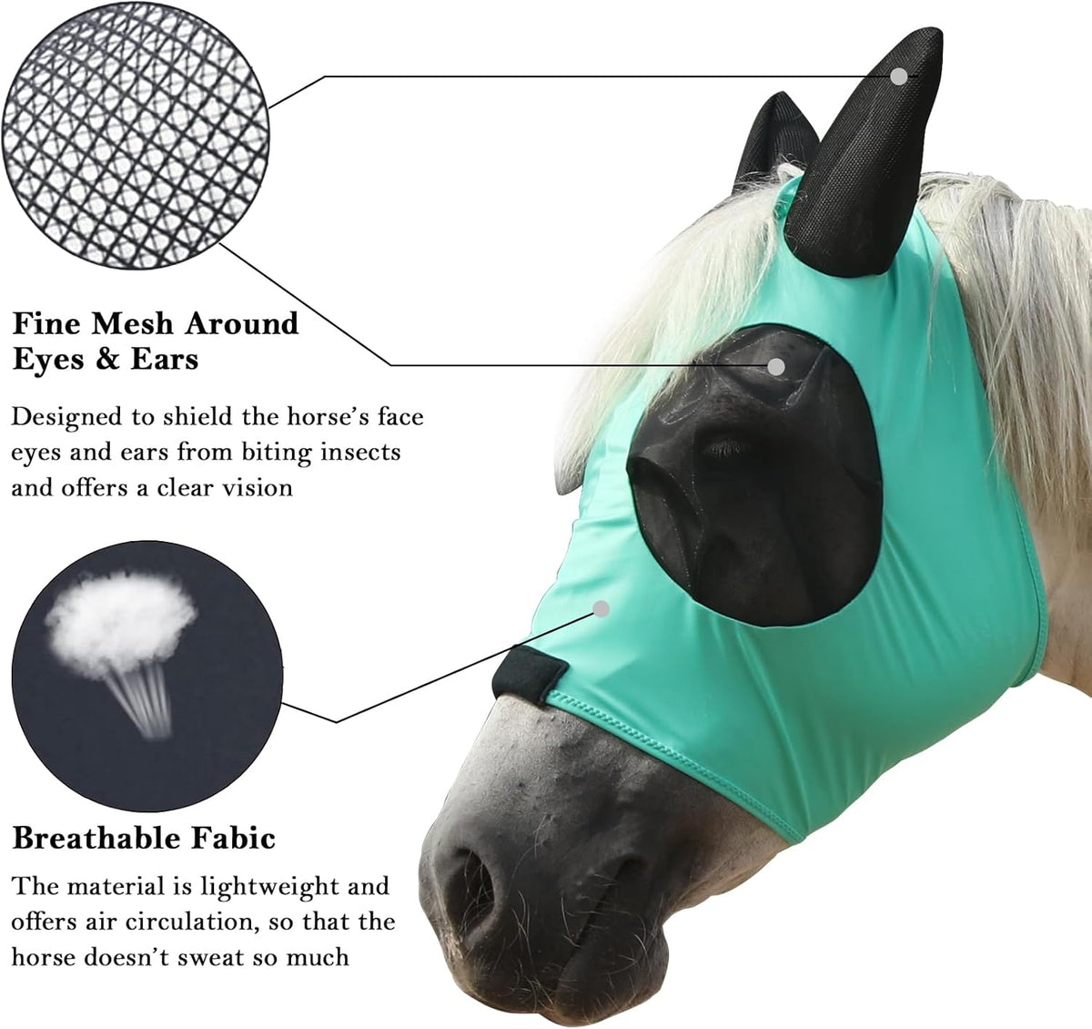Horse Fly Mask with Ears - Large Eye Space for Full Vision, Breathable Stretch Comfort Fit, UV