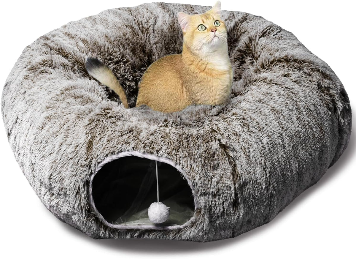 AUOON Cat Tunnel Bed - Cat Donut Tunnel with Soft Plush Circle Cushion for Indoor Cats Kitten Kitty