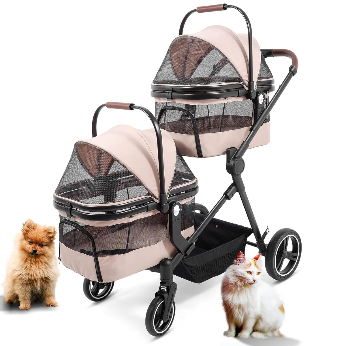 Foldable Double Pet Stroller for 2 Small Medium Cats Dogs, Lightweight Single and Double Integrated