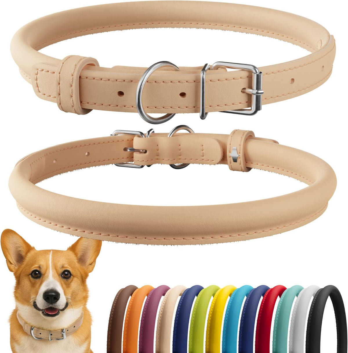 CollarDirect Rolled Leather Dog Collar, Soft Padded Round Puppy Collar, Handmade Genuine Leather
