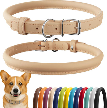 CollarDirect Rolled Leather Dog Collar, Soft Padded Round Puppy Collar, Handmade Genuine Leather