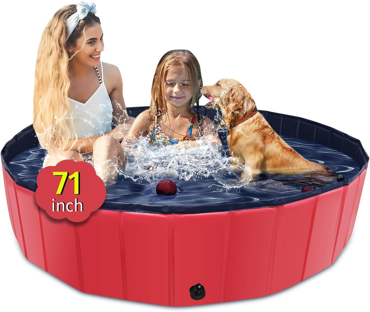 Foldable Dog Pool, 71" x 14" Large Kiddie Pool with Hard Plastic, Non-Slip Dog Bath Tub for Outdoor