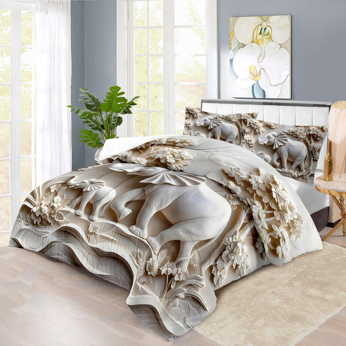 Elephant Comforter Set Queen Adult, White Animal Bedding Set Queen for Man, Cute Animal Comforter