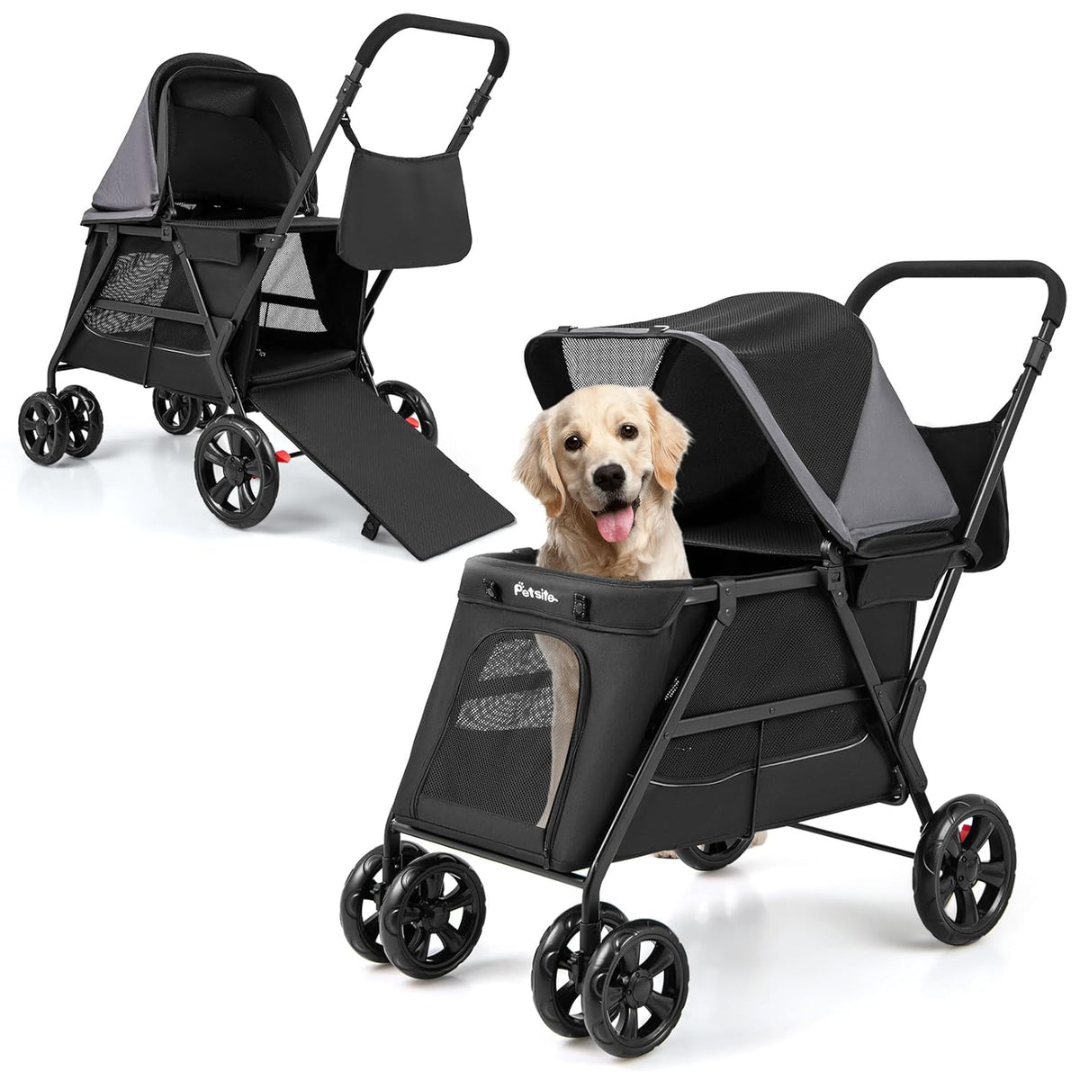 PETSITE 4 Wheels Dog Stroller, Foldable Cat Stroller with Dual Entries, Ramp, Mesh Windows