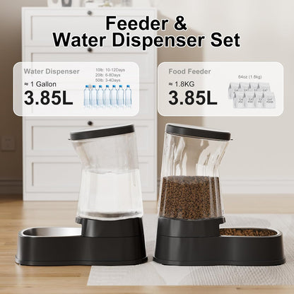 Automatic Pets Gravity Feeder and Water Dispenser Set with Stainless Steel Bowl, 1Gallon x 2 Stable