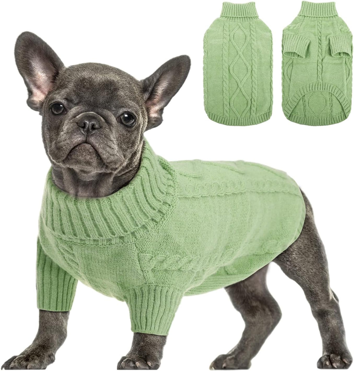 Queenmore Small Dog Pullover Sweater, Cold Weather Cable Knitwear, Classic Turtleneck Thick Warm