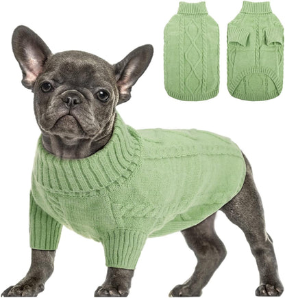 Queenmore Small Dog Pullover Sweater, Cold Weather Cable Knitwear, Classic Turtleneck Thick Warm