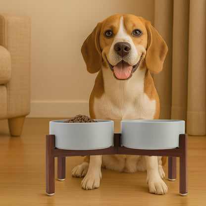 SPUNKYJUNKY Raised Ceramic Dog Bowls Set with Non-Slip Acacia Wood Stand for Medium Sized Dog(42.27