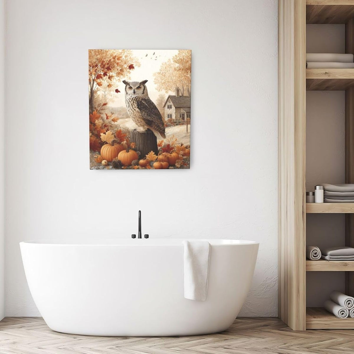 Fall Owl Wall Art Autumn Pumpkin Leaves Wall Decor Rustic Canvas Print Farmhouse Pictures Painting