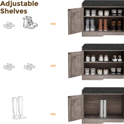 2-Tier Storage Bench, Shoe Bench with Thickened Padded Seat Cushion, Entryway Bench with 4 Doors