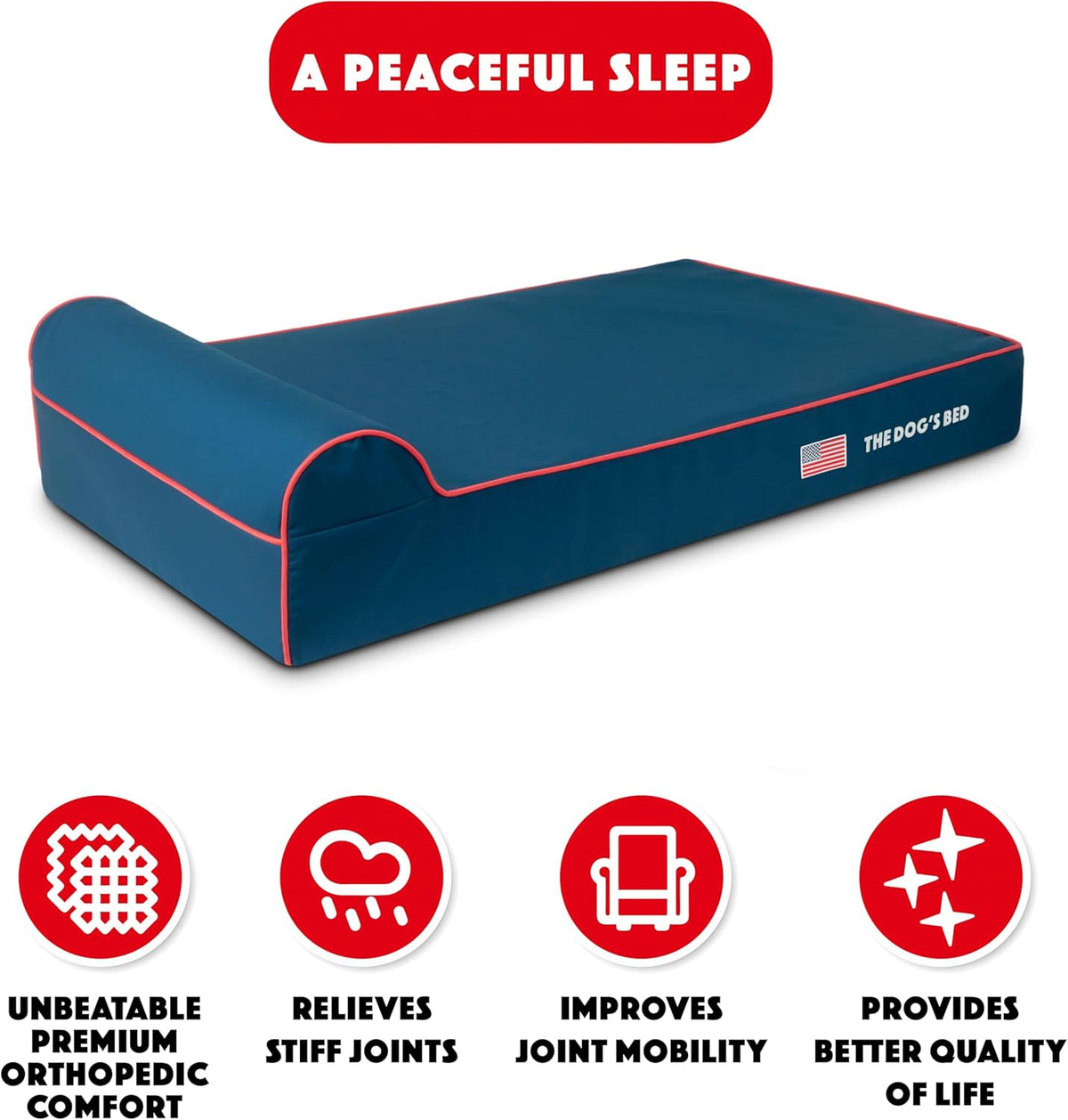 The Dog’s Bed Orthopedic Headrest Dog Bed XL Blue Oxford with Red Trim US Flag 46x28, Memory Foam