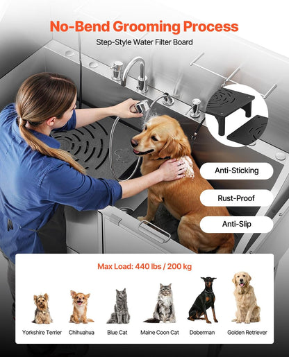 VEVOR Professional 304 Stainless Steel Dog Bathing Station, 61 inch Pet Grooming Tub w/Anti-Slip