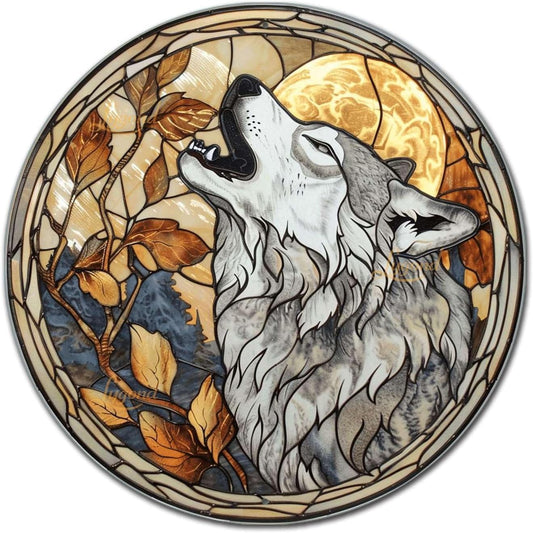 Lygond Metal Sign Tin Sign Circular Stained Glass Gray Wolf Bathroom Signs for Home for Club 12×12