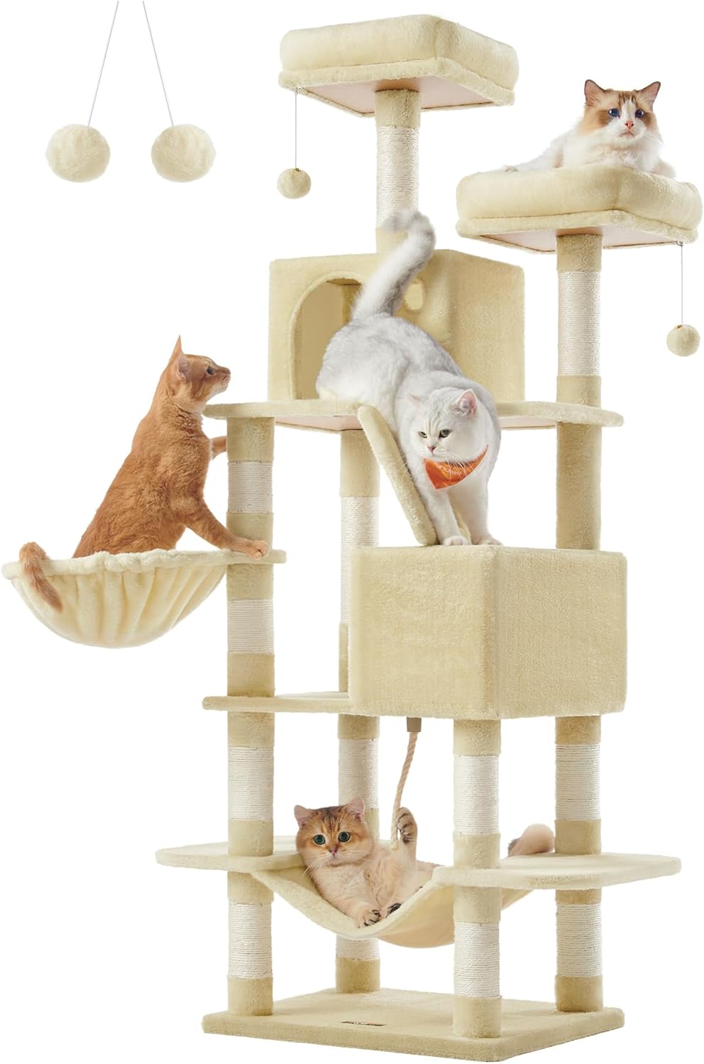 Feandrea Cat Tree, 66.1-Inch Large Cat Tower with 13 Scratching Posts, 2 Perches, 2 Caves, Basket