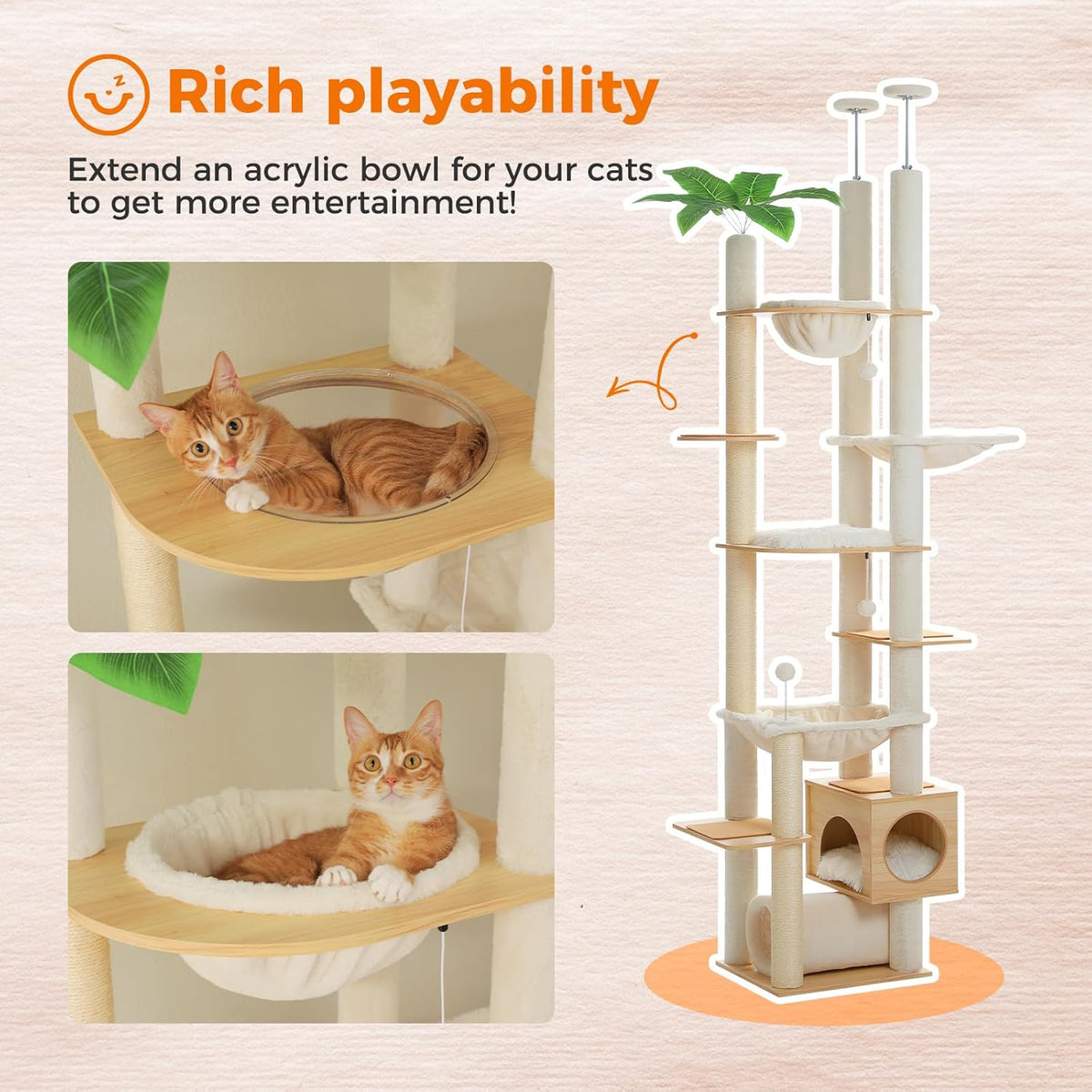 PEQULTI Floor to Ceiling Cat Tree 93.3’’-100.8’’ Height Adjustable Wooden Cat Tower Tall Climbing