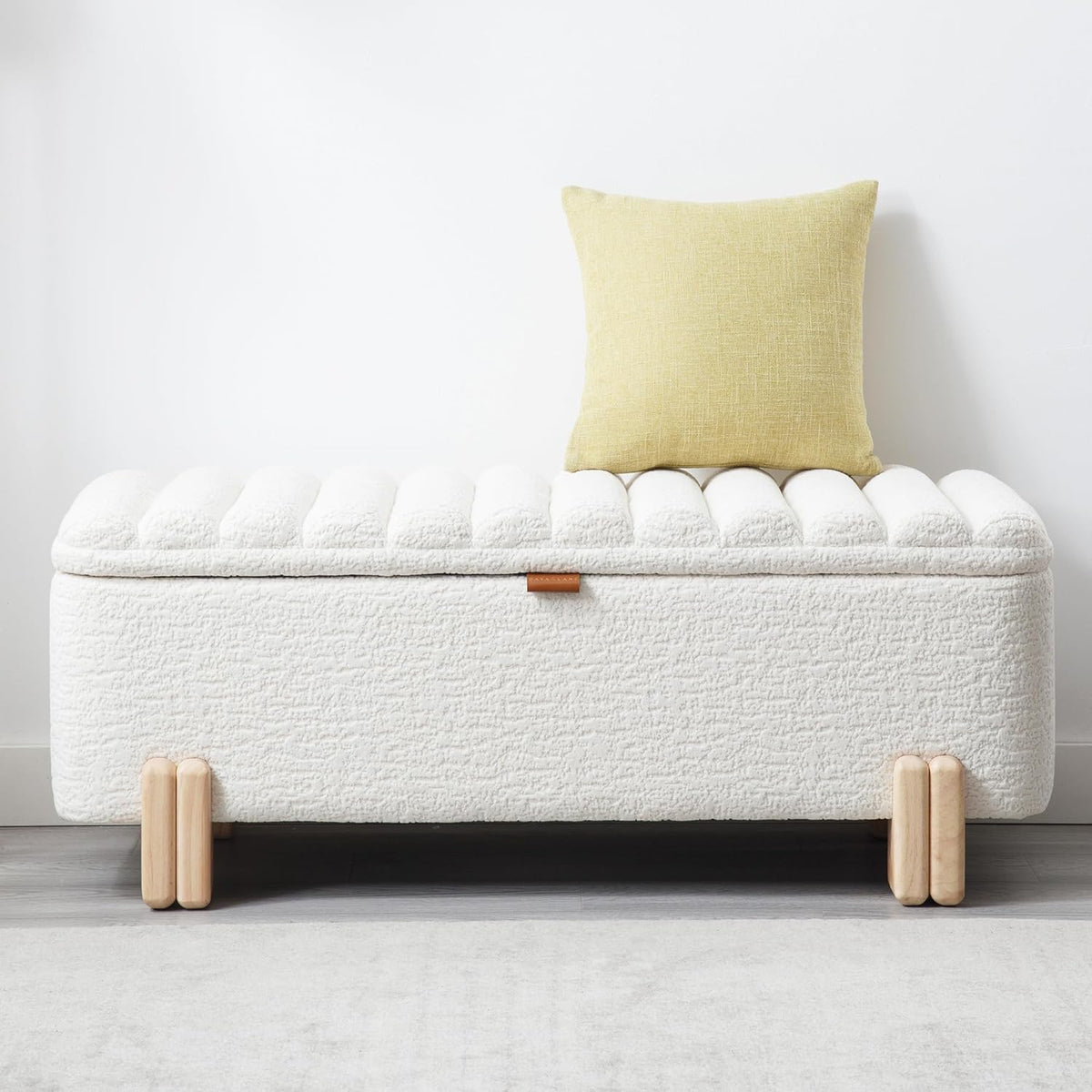 Kmax 45" Storage Bench Faux Fur Entryway Bench Upholstered Ottoman Bench with Wavy Top & Safty