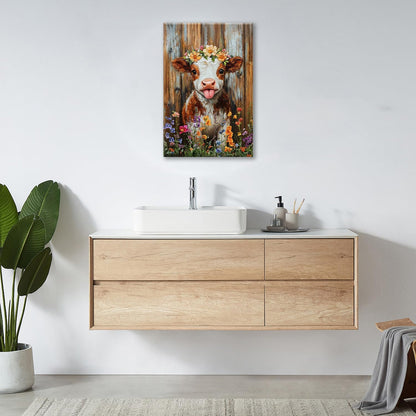 Funny Cow Bathroom Pictures Wall Art, Rustic Brown Cute Cow Bathroom Wall Decor, Farmhouse Floral