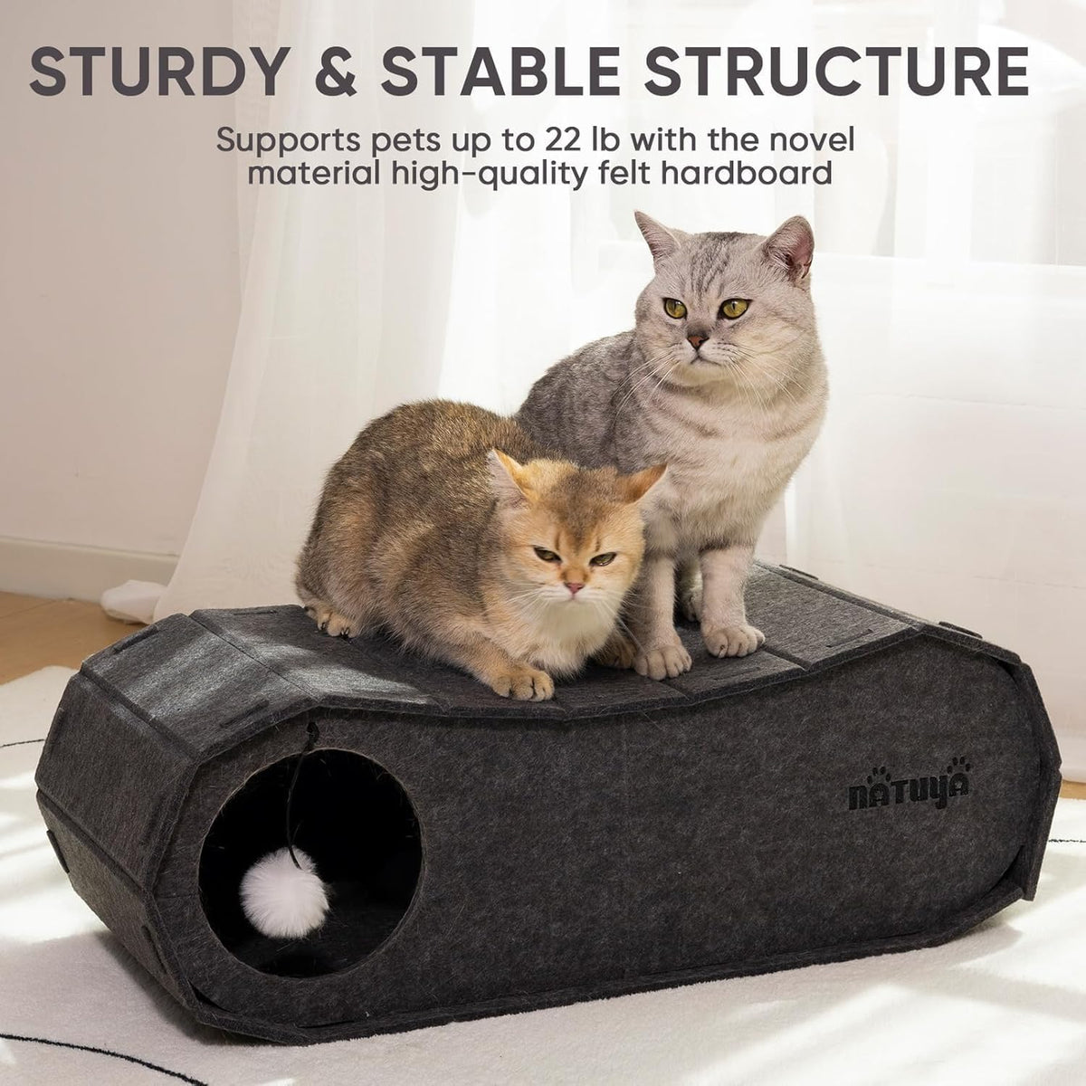NATUYA Cat Bed Cave for Indoor Cats, Large Cat Lounge Cave Bed with Toy Ball, Enclosed Scratch