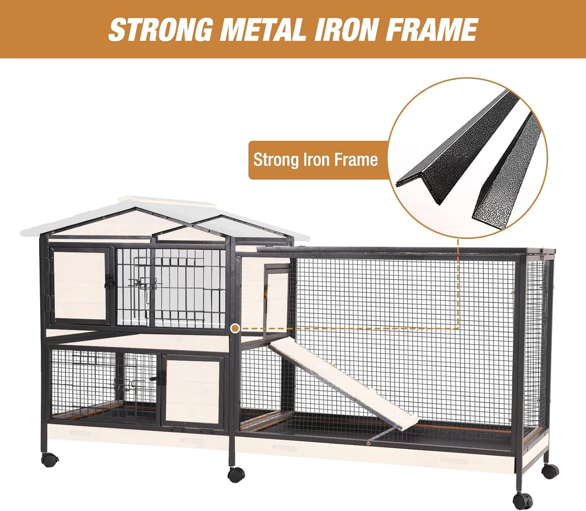 Rabbit Hutch Bunny Cage Strong Iron Frame Rabbit Cage Indoor and Outdoor Chicken Coop with Casters