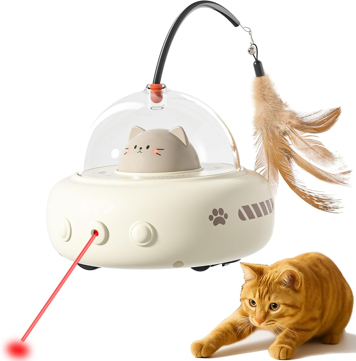 hooroor 2-in-1 UFO Laser Cat Toy – Automatic Motion with Feather, Rechargeable Smart Sensor