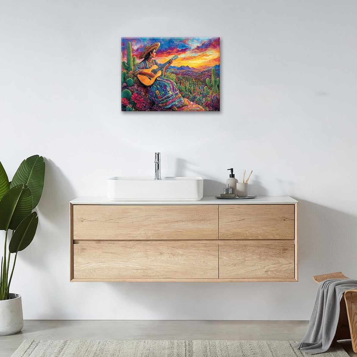 Mexican Women Pictures Wall Art, Cactus Landscape Bathroom Wall Decor, Nature Scenery Aesthetics