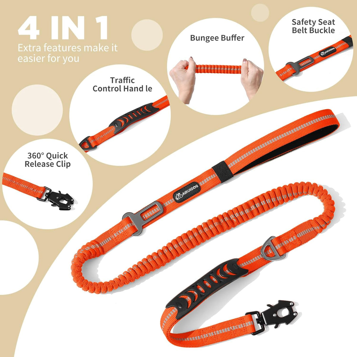 Heavy Duty Tactical Dog Leash, 4-6FT Shock Absorbing Bungee Leash with 2 Padded Handles, Metal