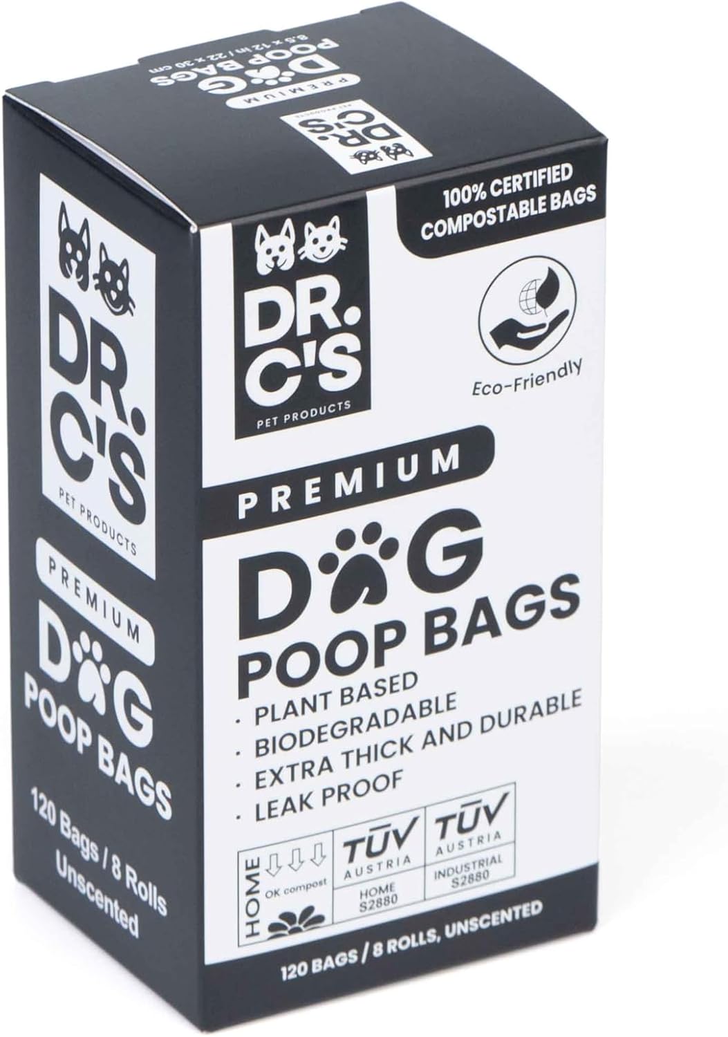 100% Certified Compostable Dog Poop Bags - Dr. C's Premium Dog Poop Bags - 120 Bags / 8 Rolls
