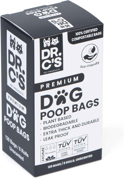 100% Certified Compostable Dog Poop Bags - Dr. C's Premium Dog Poop Bags - 120 Bags / 8 Rolls