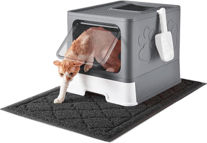 Cat Litter Box with X-Large Litter Mat and Scoop, Large Foldable Litter Box with Lid, Enclosed