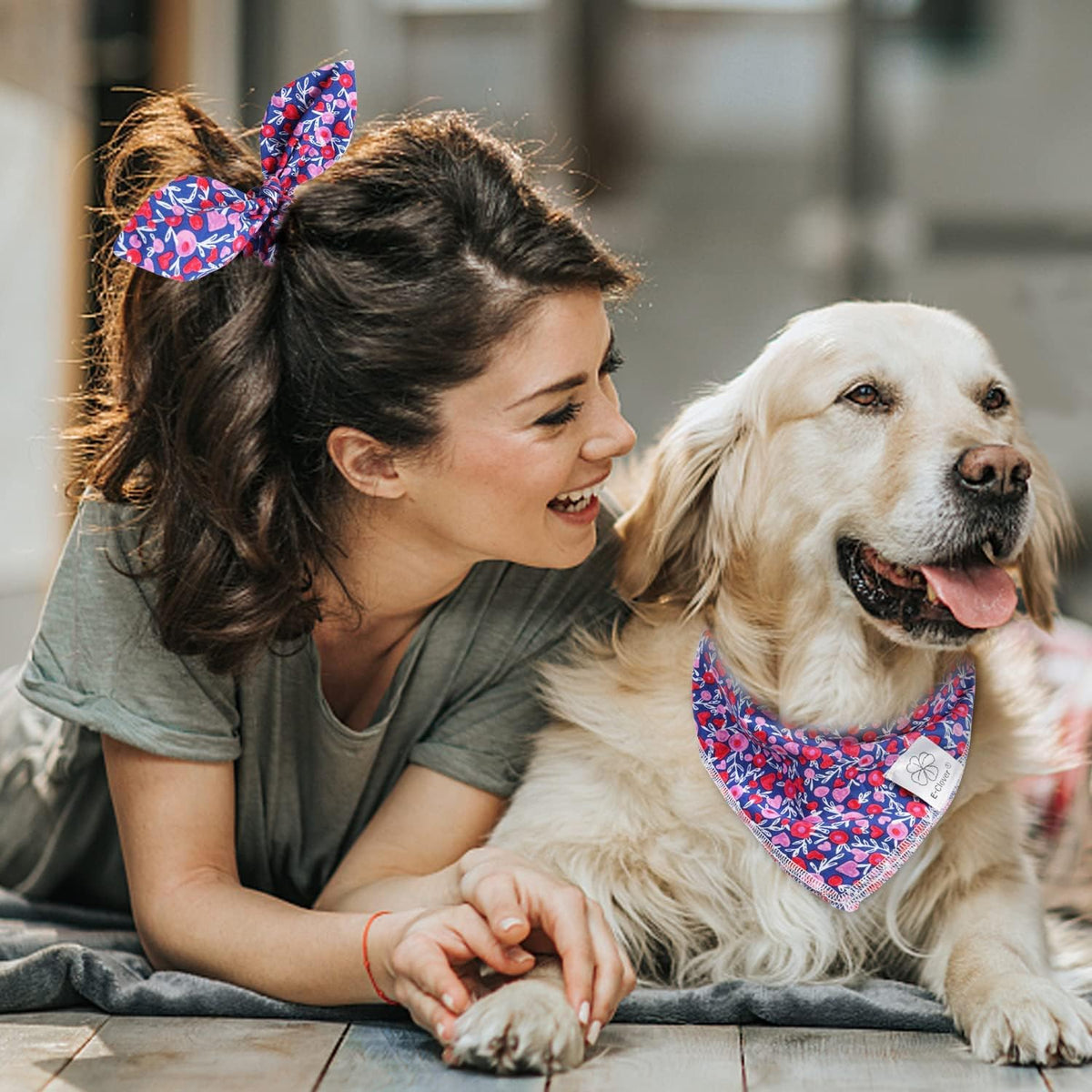 E-Clover Cute Girl Dog Bandanas & Matching Scrunchie Set Heart Dog Bandana Scarf with Bow Hair Ties