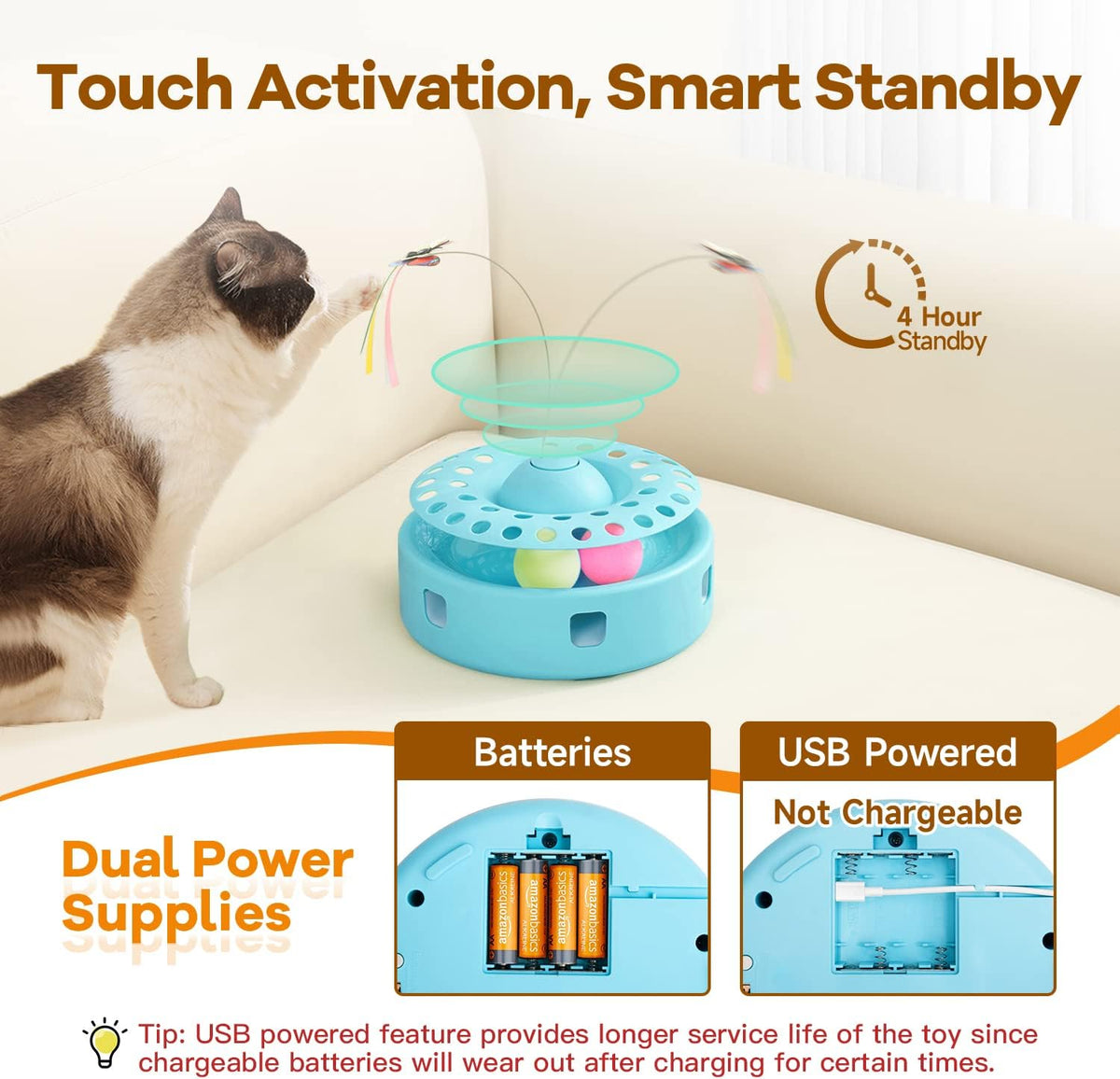 Potaroma Cat Toys 3-in-1 Automatic Interactive Kitten Toy, Fluttering Butterfly, Random Moving