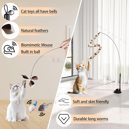 Soarer 4-in-1 Interactive Cat Feather Toys,12Pcs Durable Fishing Pole Cats Feathers Toy