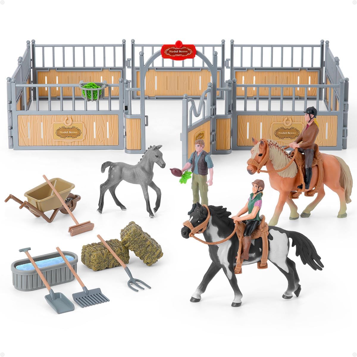 Horse Stable Playset, Horse Gifts for Girls and Boys with 3 Horses and 2 Riders, Horse Toys Set