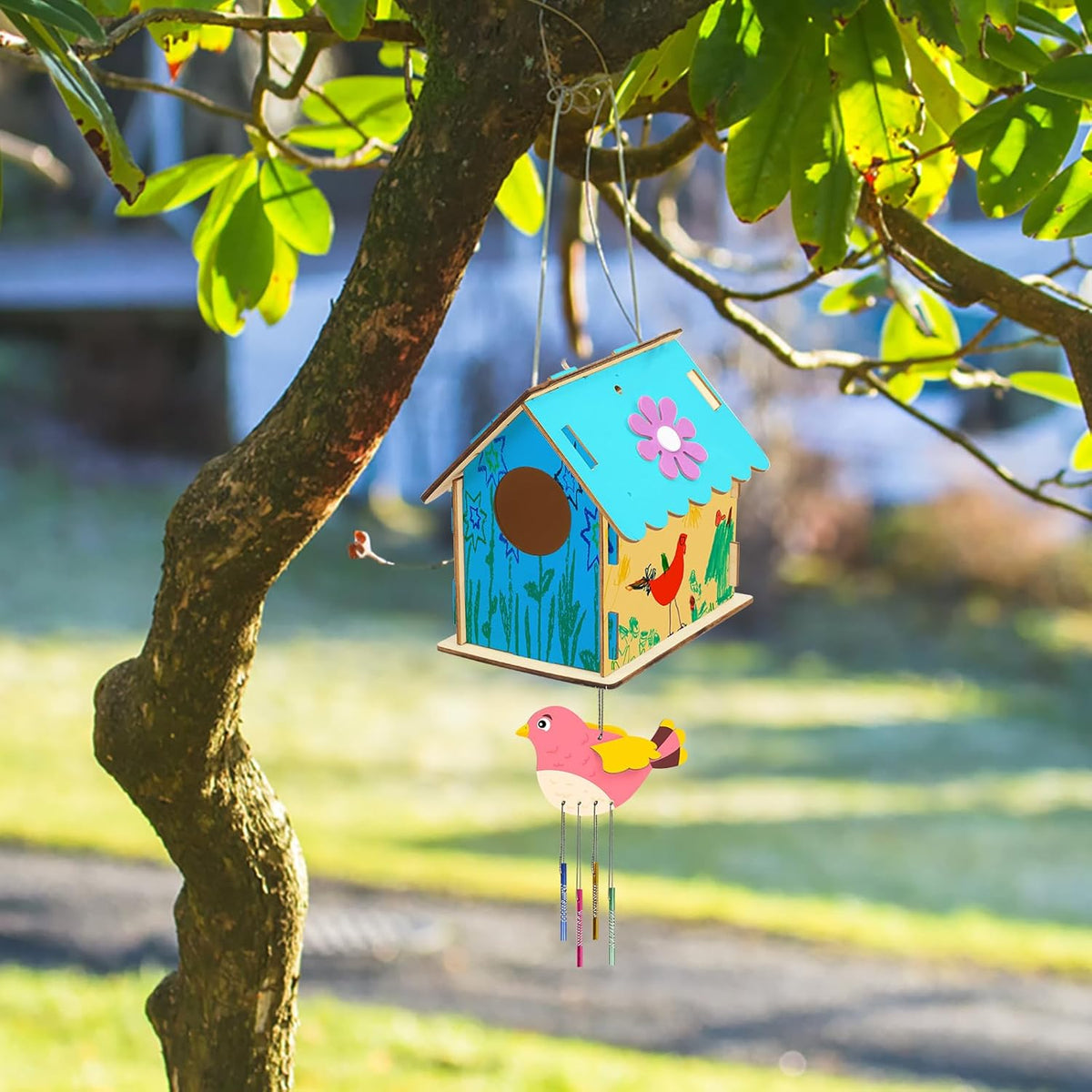 Fennoral 12 Pack Bird House Craft Kit for Kids Make You Own Bird Wind Chime Kit DIY Build and Paint